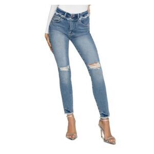 GOOD AMERICAN Womens Blue Pocketed Zippered Frayed Hem High Waist Jeans 20